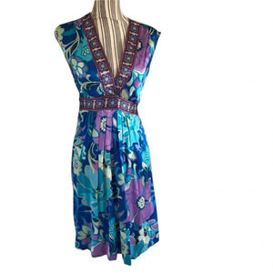 Hale Bob Blue Purple silk,  Plunge Neckline and babydoll dress​